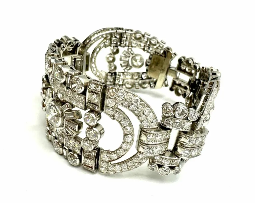 Bracelet Art-Déco Or blanc Diamants,.