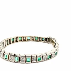 Bracelet Art-déco Or blanc Diamants Emeraudes