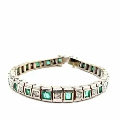 Bracelet Art-déco Or blanc Diamants Emeraudes