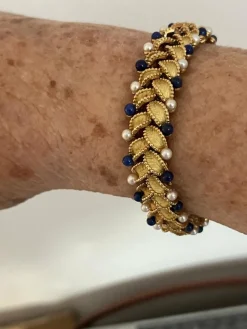 Bracelet Articulé Feuillages Or Jaune Perles Lapis Lazuli