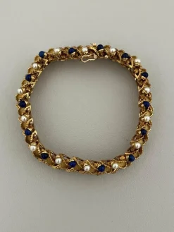 Bracelet Articulé Feuillages Or Jaune Perles Lapis Lazuli