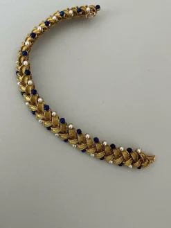 Bracelet Articulé Feuillages Or Jaune Perles Lapis Lazuli