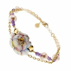 Bracelet avec fleur émaillée, diamant, améthystes et perles