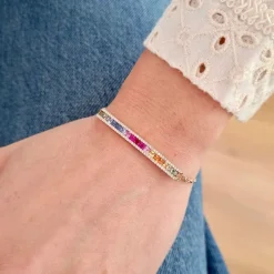 Bracelet barrette saphirs multicolores diamants or rose