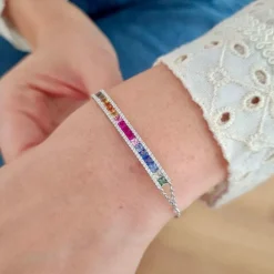 Bracelet barrette saphirs multicolores diamants or blanc