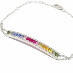Bracelet barrette saphirs multicolores diamants or blanc