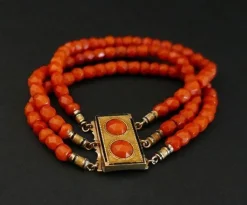 Bracelet En Corail Ancien Facetté, Fermoir avec Cabochon, Or