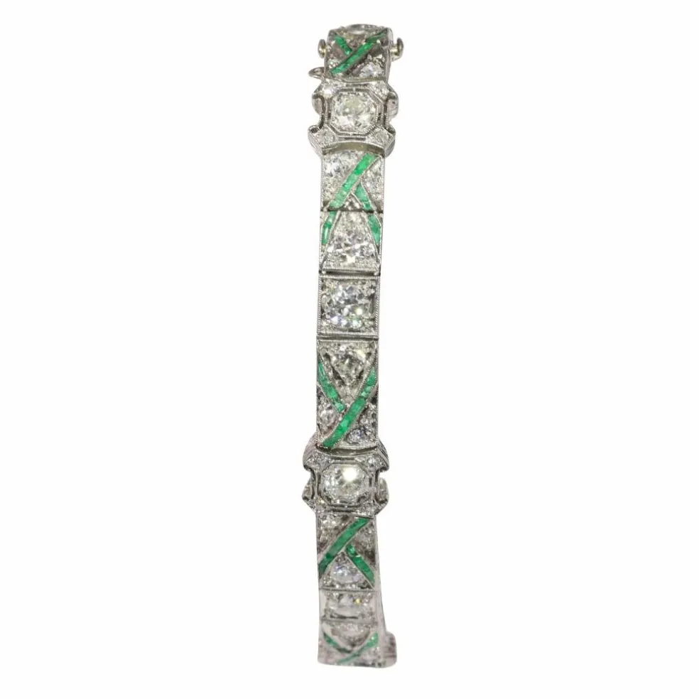 Bracelet en platine des années 1920 avec diamants et émeraudes