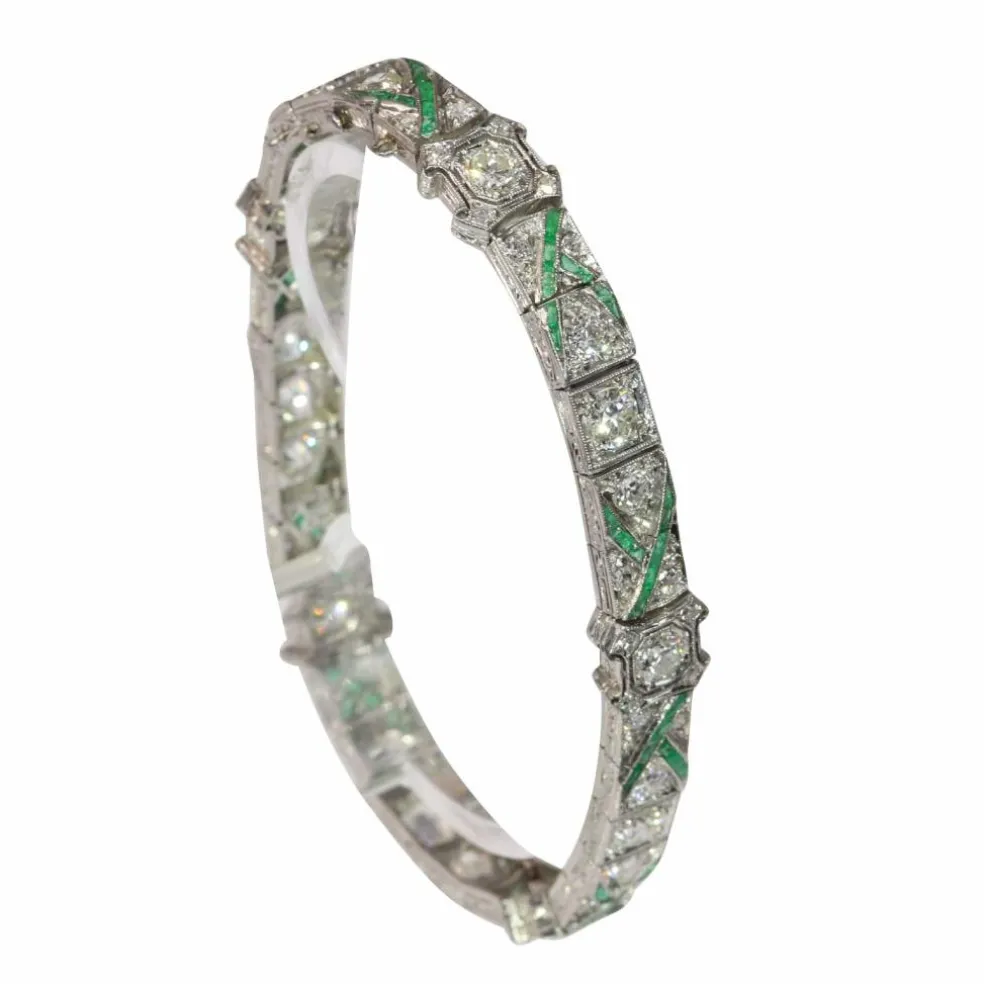 Bracelet en platine des années 1920 avec diamants et émeraudes