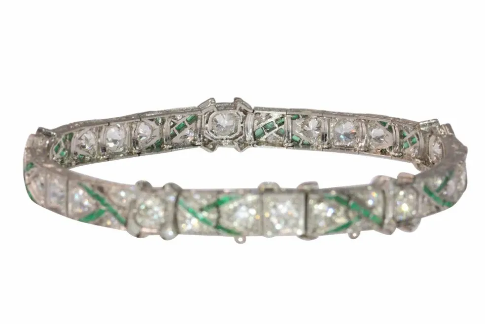 Bracelet en platine des années 1920 avec diamants et émeraudes