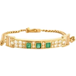 Bracelet Gourmette Or Jaune, Émeraudes et Diamants
