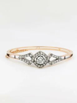 Bracelet jonc ancien, or rose, argent et diamants