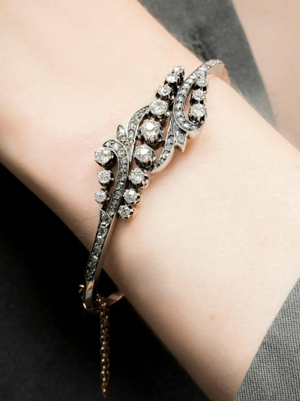 Bracelet Jonc Ancien Or Rose, Argent & Diamants