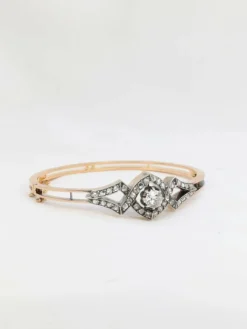 Bracelet jonc ancien, or rose, argent et diamants