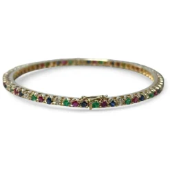 Bracelet jonc or jaune, diamants, saphirs, rubis