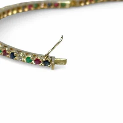 Bracelet jonc or jaune, diamants, saphirs, rubis