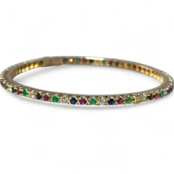 Bracelet jonc or jaune, diamants, saphirs, rubis