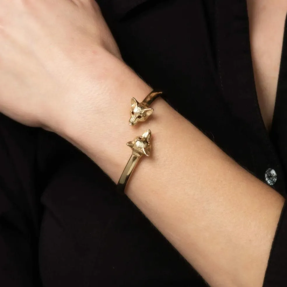 Bracelet jonc vintage à double tête de renard en or jaune 14 carats Bypass Estate Jewelry