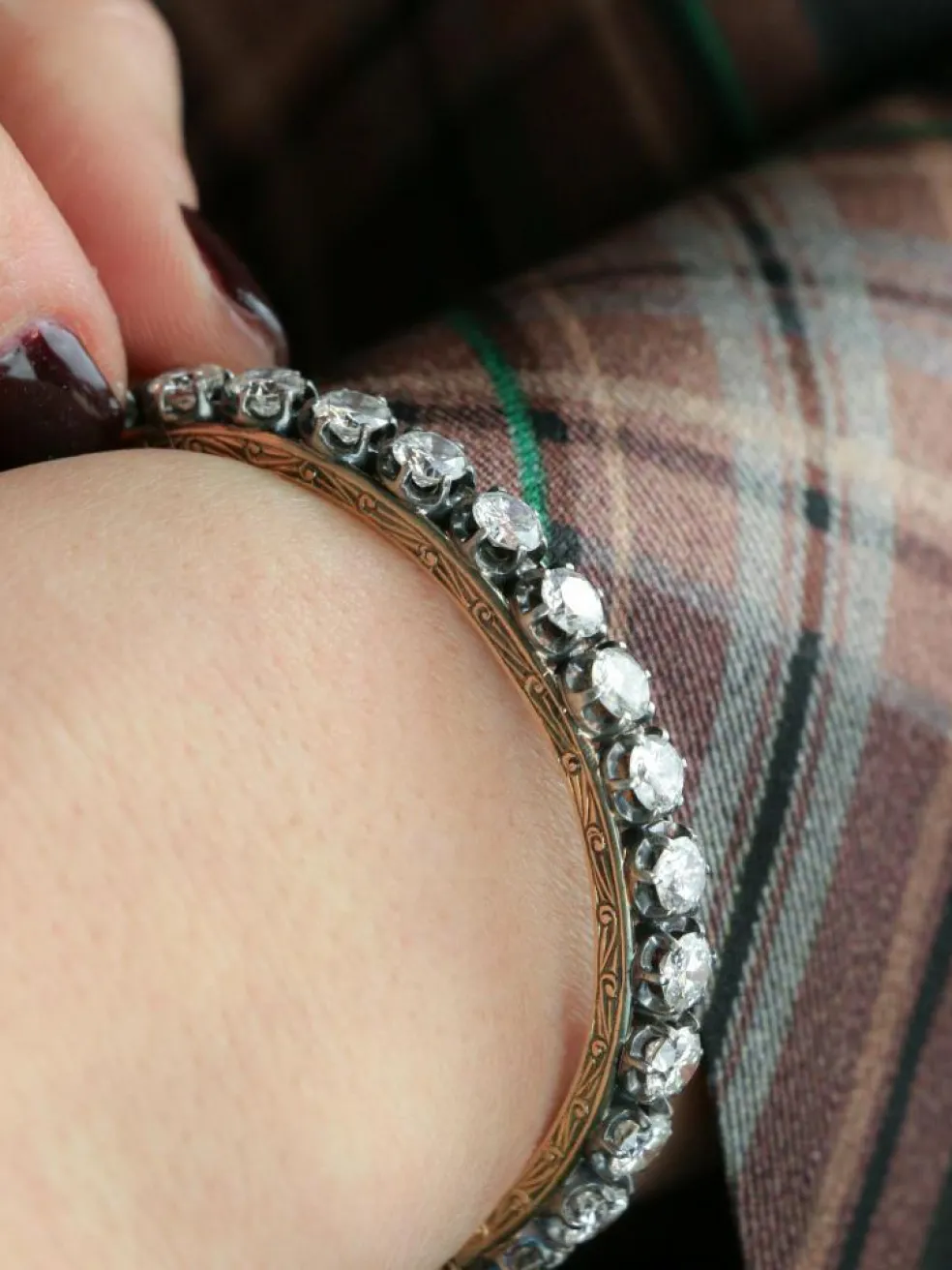 Bracelet jonc vintage or argent diamants 12 ct