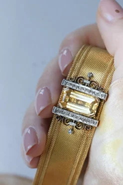 Bracelet manchette maille milanaise, diamants et citrine