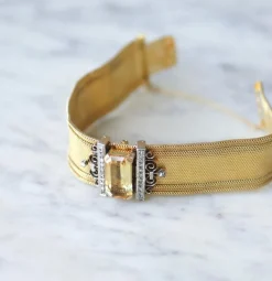 Bracelet manchette maille milanaise, diamants et citrine