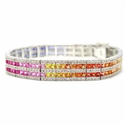Bracelet rivière saphirs multicolores diamants or blanc