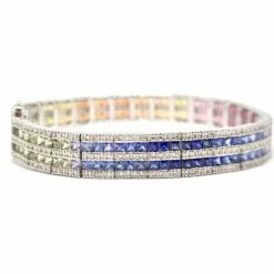 Bracelet rivière saphirs multicolores diamants or blanc