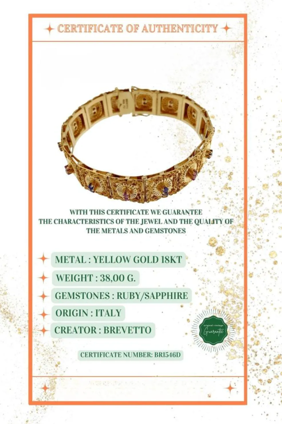 Bracelet rétro Brevetto en or jaune, rubis et saphirs
