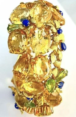 Bracelet Style americain, or jaunet citrines, péridots et lapis lazuli