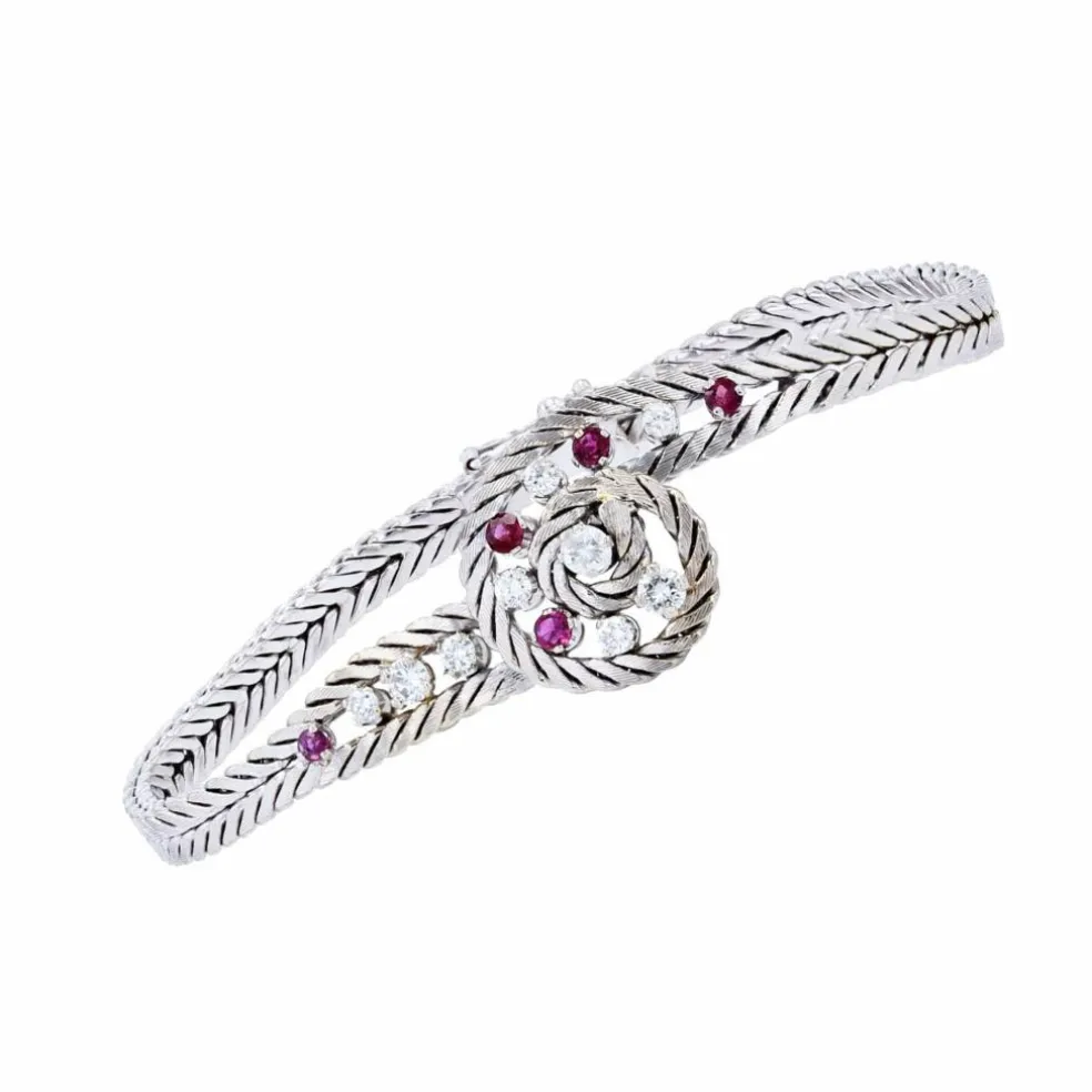 Bracelet vintage or blanc rubis diamants