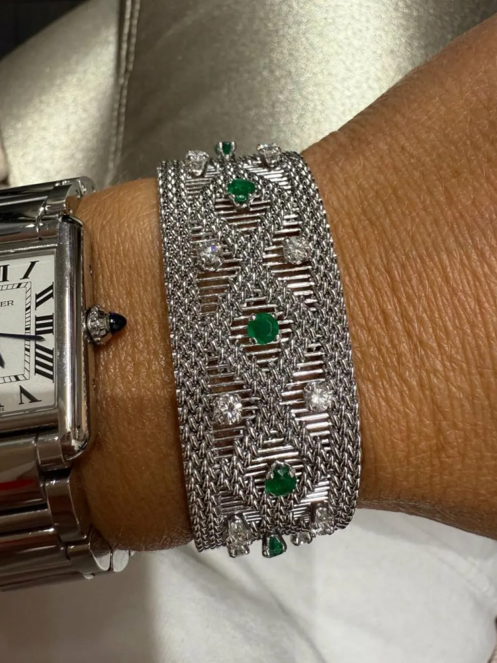 Bracelet vintage or blanc - Diamants et émeraudes