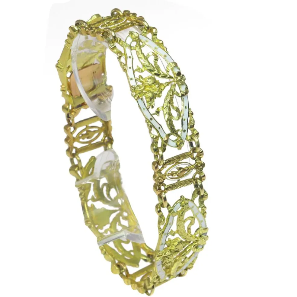 Bracelet vintage or émail blanc attribué à Lucien Gautrait