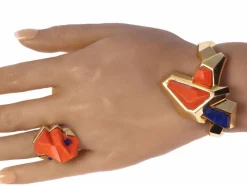 Bracelet/bague en or avec corail et lapis-lazuli