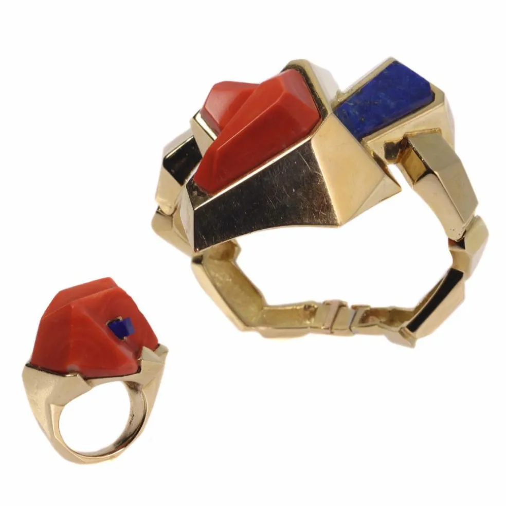 Bracelet/bague en or avec corail et lapis-lazuli
