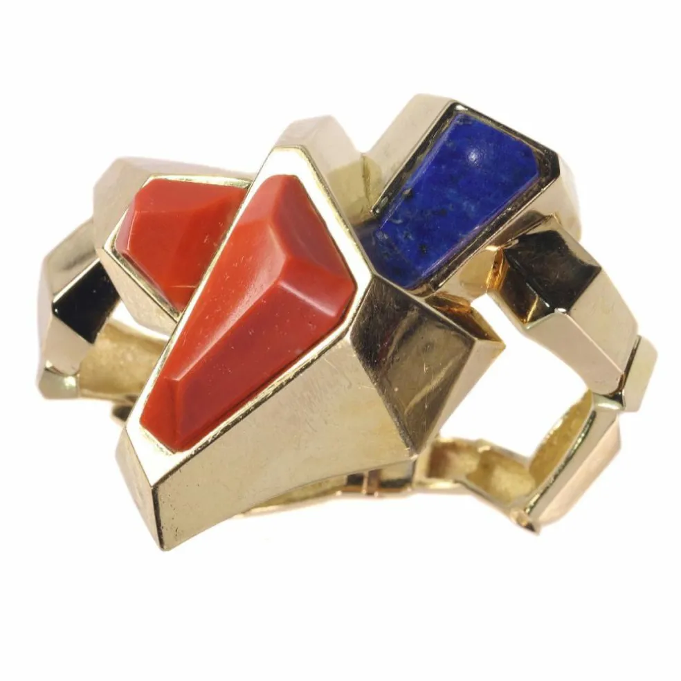 Bracelet/bague en or avec corail et lapis-lazuli