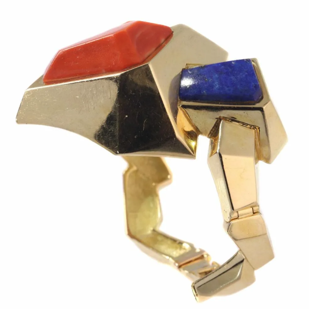 Bracelet/bague en or avec corail et lapis-lazuli