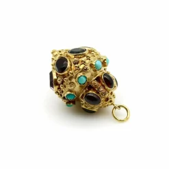 Breloque lanterne vintage extra large en or 18 carats de style étrusque avec pierres incrustées