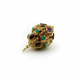 Breloque lanterne vintage extra large en or 18 carats de style étrusque avec pierres incrustées