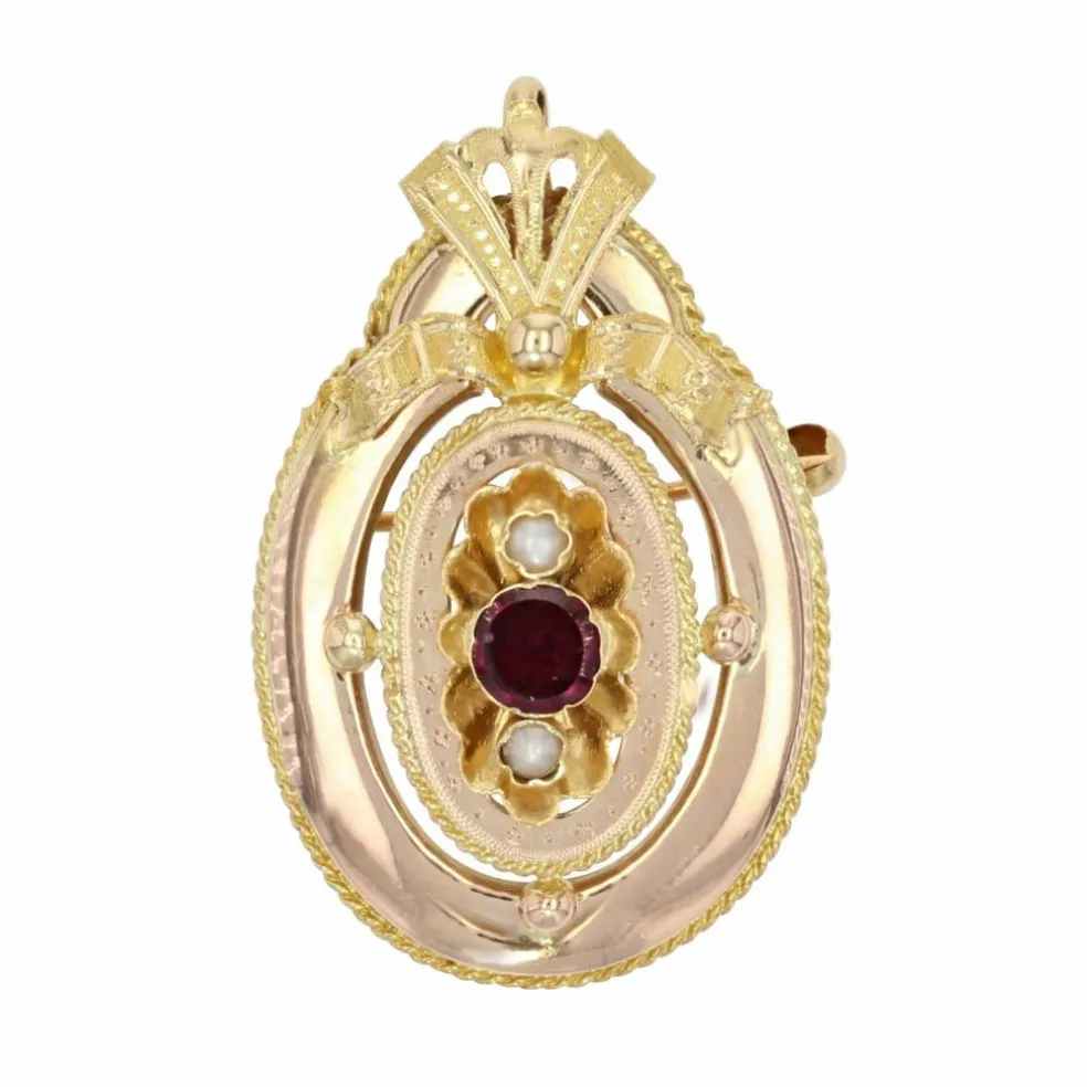 Broche - pendentif en or grenat et perles fines