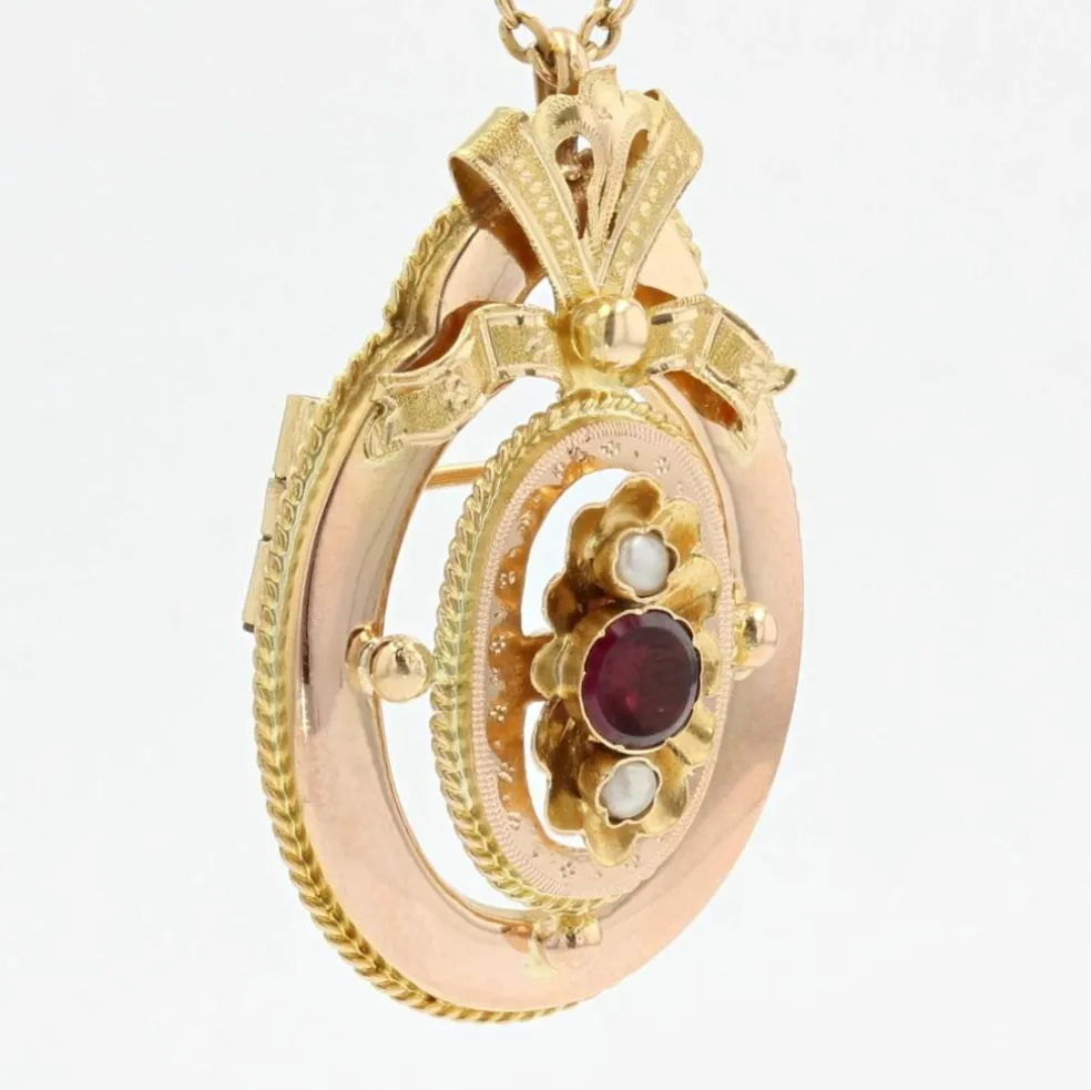 Broche - pendentif en or grenat et perles fines