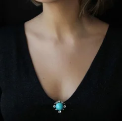 Broche ancienne clip turquoise et diamants