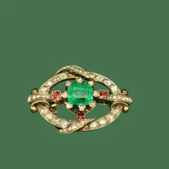 broche ancienne en or jaune avec diamants émeraudes et rubis