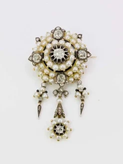Broche ancienne guirlande or argent perles fines diamants taille ancienne