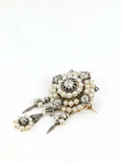 Broche ancienne guirlande or argent perles fines diamants taille ancienne