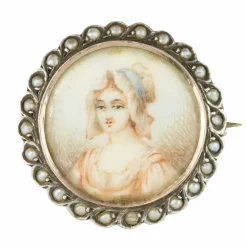Broche ancienne miniature et perles sur argent