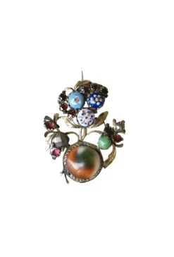 Broche ancienne operculum, grenat, et porcelaine