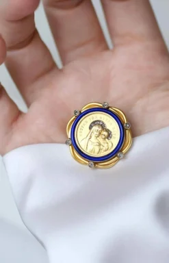 Broche Ancienne Vierge en or jaune Diamants et Email