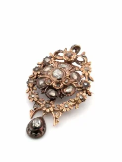 Broche antique en or rose 9 carats avec diamants taille rose