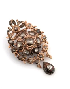 Broche antique en or rose 9 carats avec diamants taille rose