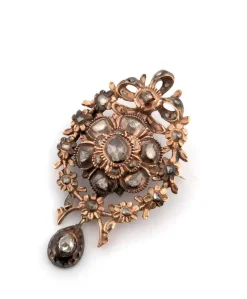 Broche antique en or rose 9 carats avec diamants taille rose